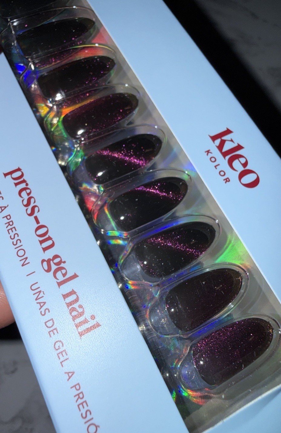 New Kleo Kolor Press-On Gel Nails – Long Almond Galaxy Glimmer Purple