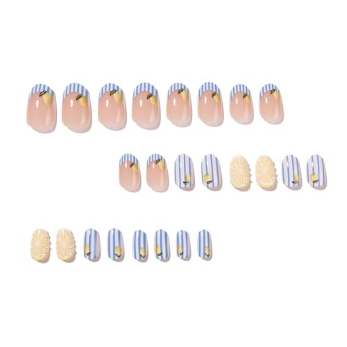 Summer Press On Nails Oval – Cute Blue Striped & Yellow Lemon Short – Color37