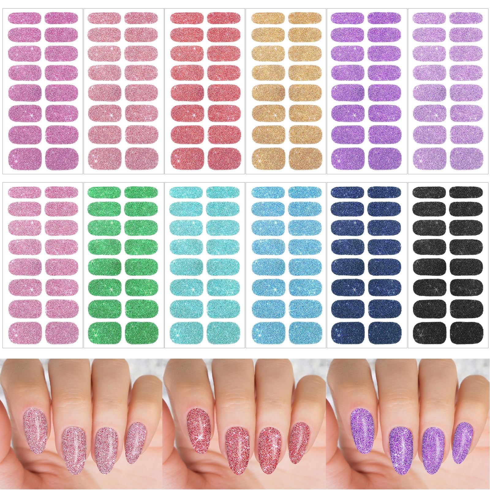 12 Sheets Glitter Nail Wraps, Polish Strips Stickers, Shine Multicolor