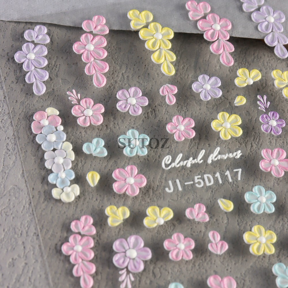 5D Embossed Daisy Rose Butterfly Camellia Flower Nail Art Stickers Self-adhesive