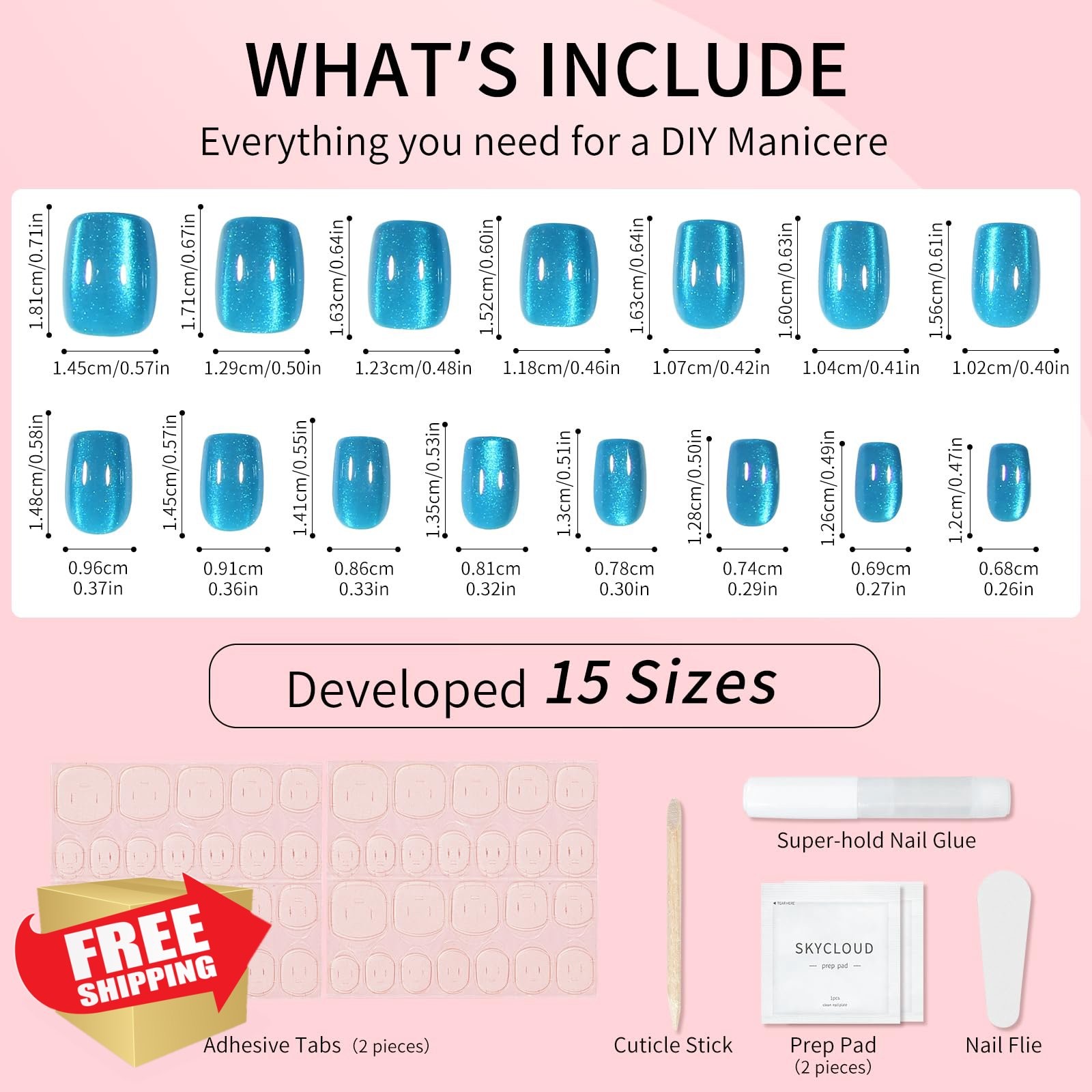 SKYCLOUD Lake Blue Cat Eyes Press On Nails SK1062