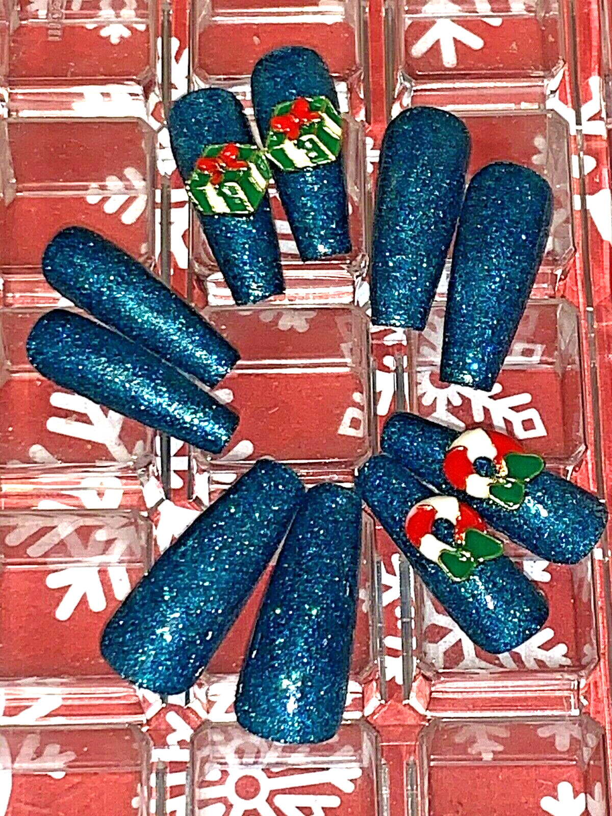 Custom Designed Long Coffin Press On Nail Set Christmas China Glaze Green Polish