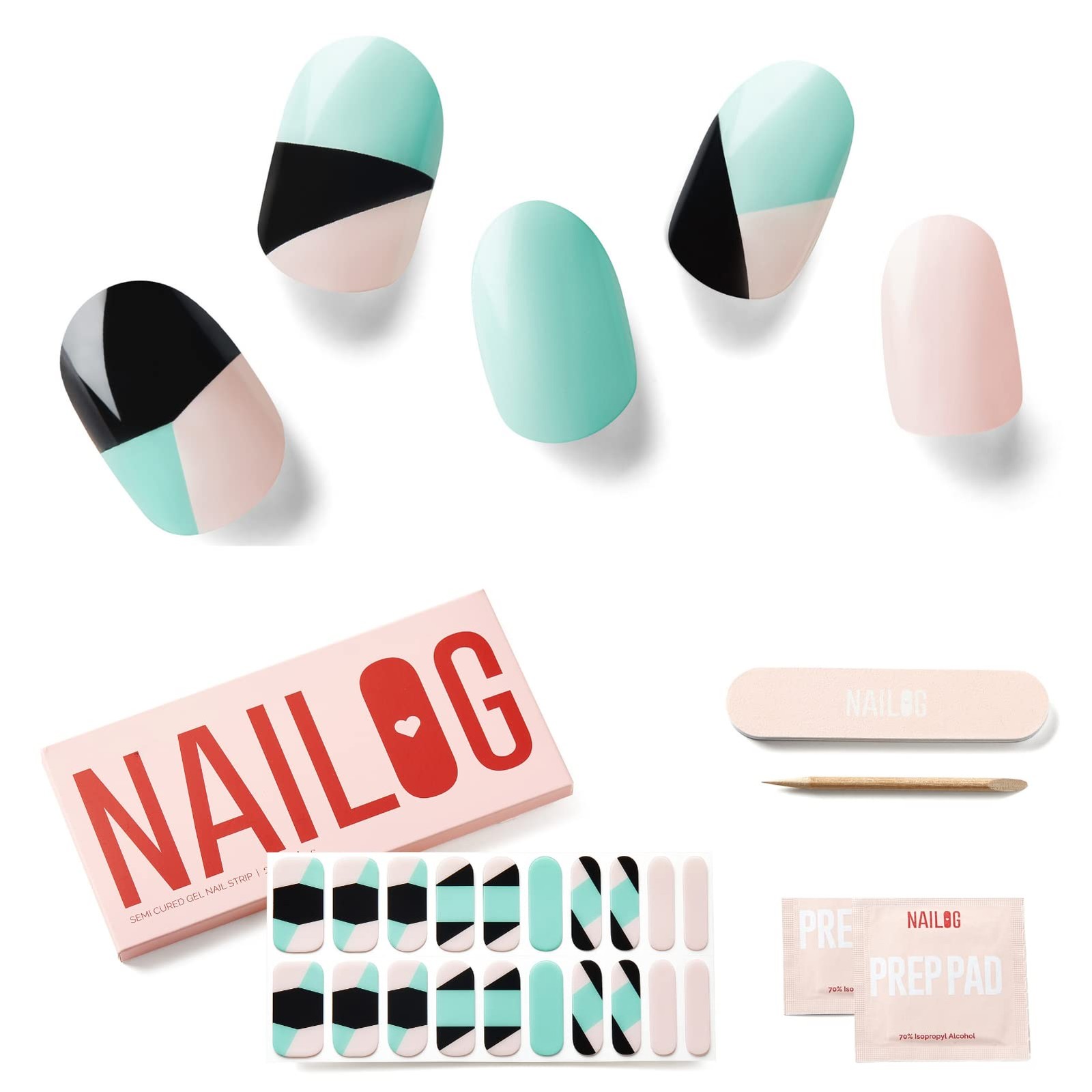 Semi Cured Gel Nail Strips, 20Pcs Long Lasting Light Green Black Color Block …