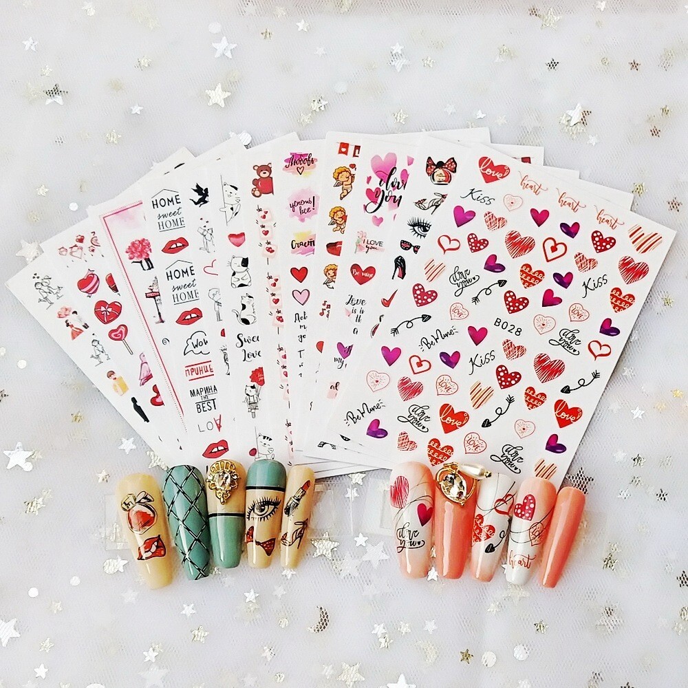 12 Sheets Valentines Nail Decoration Heart Love Self-Adhesive Slider Letters NH4