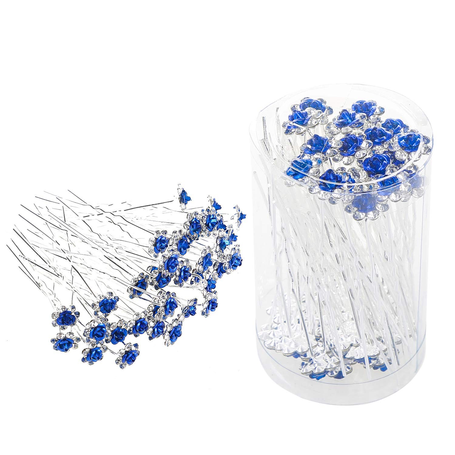 BETITETO 40 Pcs U-Shaped Flower Rhinestone Hair 40 Count (Pack of 1), Blue