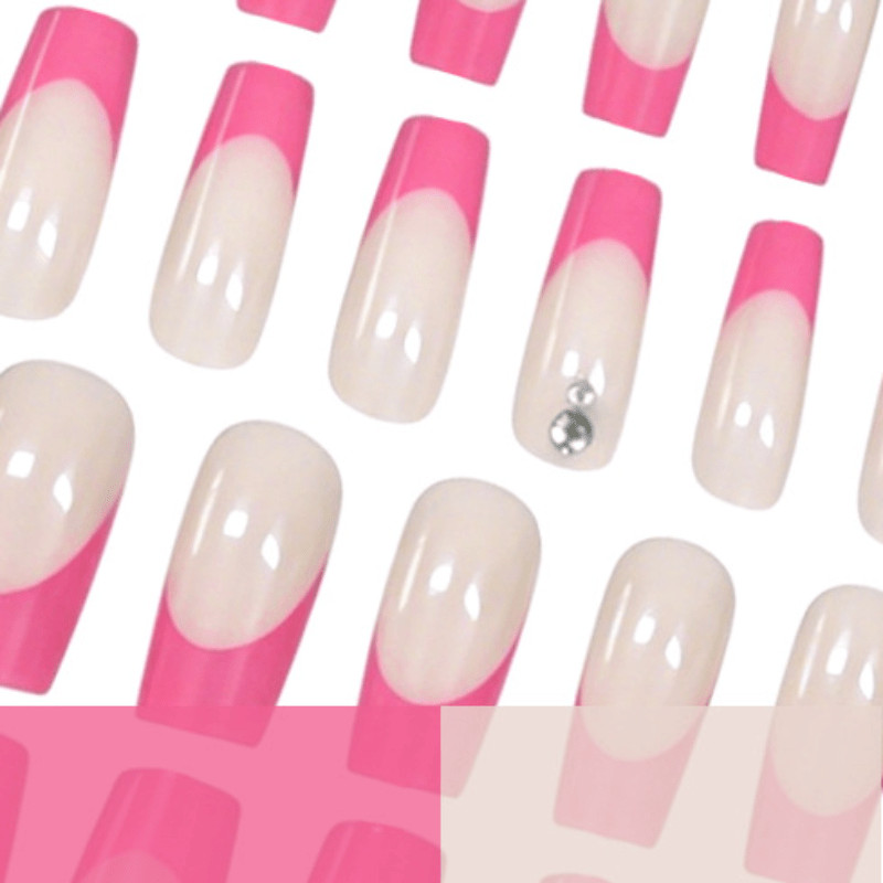 48 Pcs Hot Pink French Coffin Press on Nails, Bright Y2K Daily Nude Fake Nails