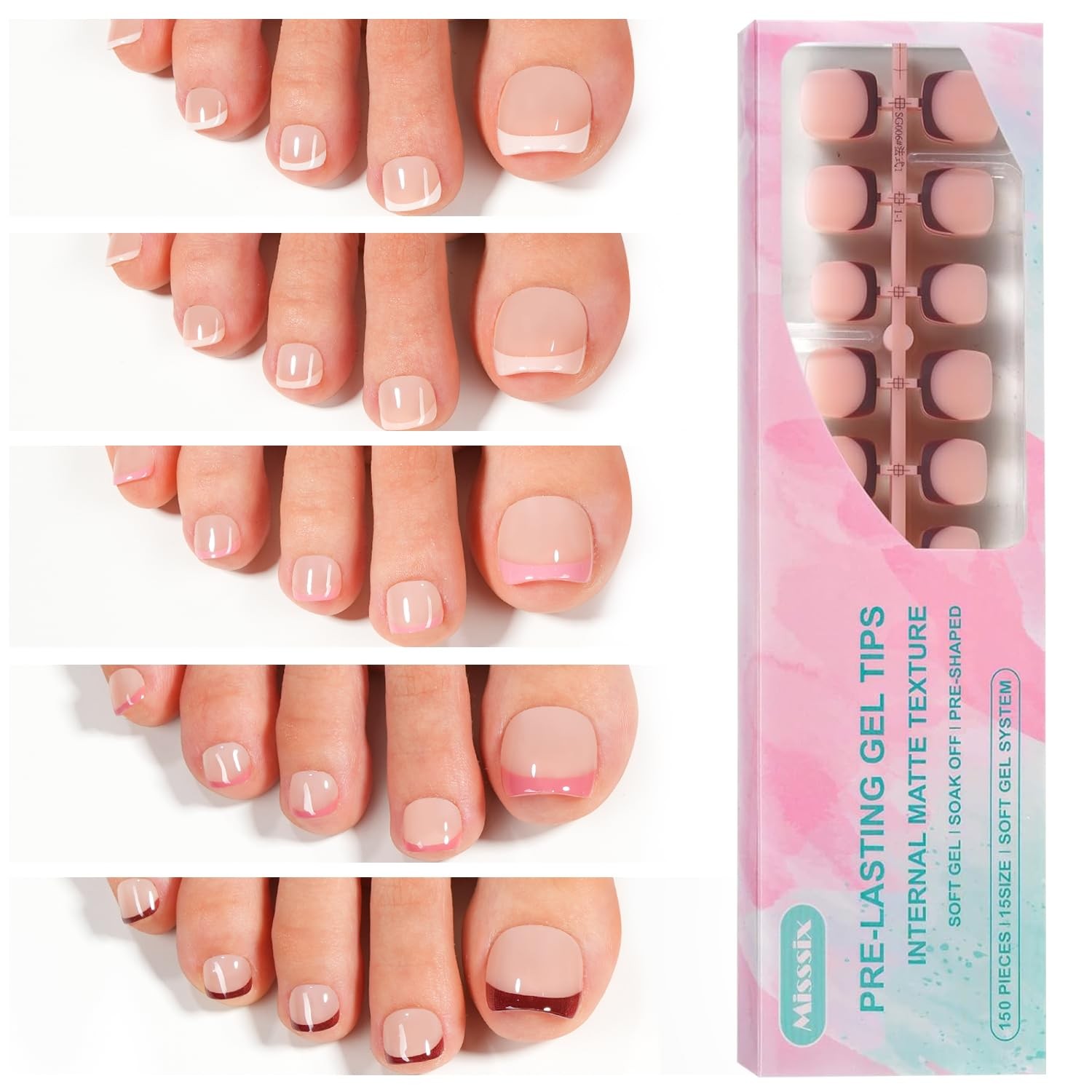 Misssix Press On Toe Nails Short, 150Pcs French Toe Nail Tips, 5 Colors Squar…