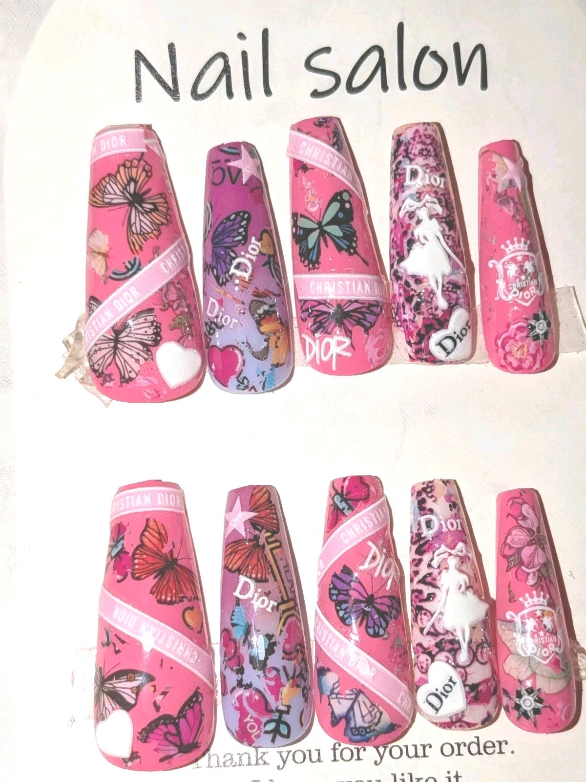 Printed custom decorative 10pc short acrylic press on nails sz large Glue…