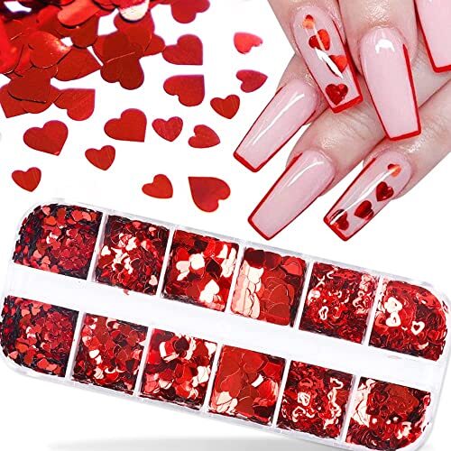 Red Heart Nail Art Glitter Sequins for Valentine’s Day Nail Art Red heart