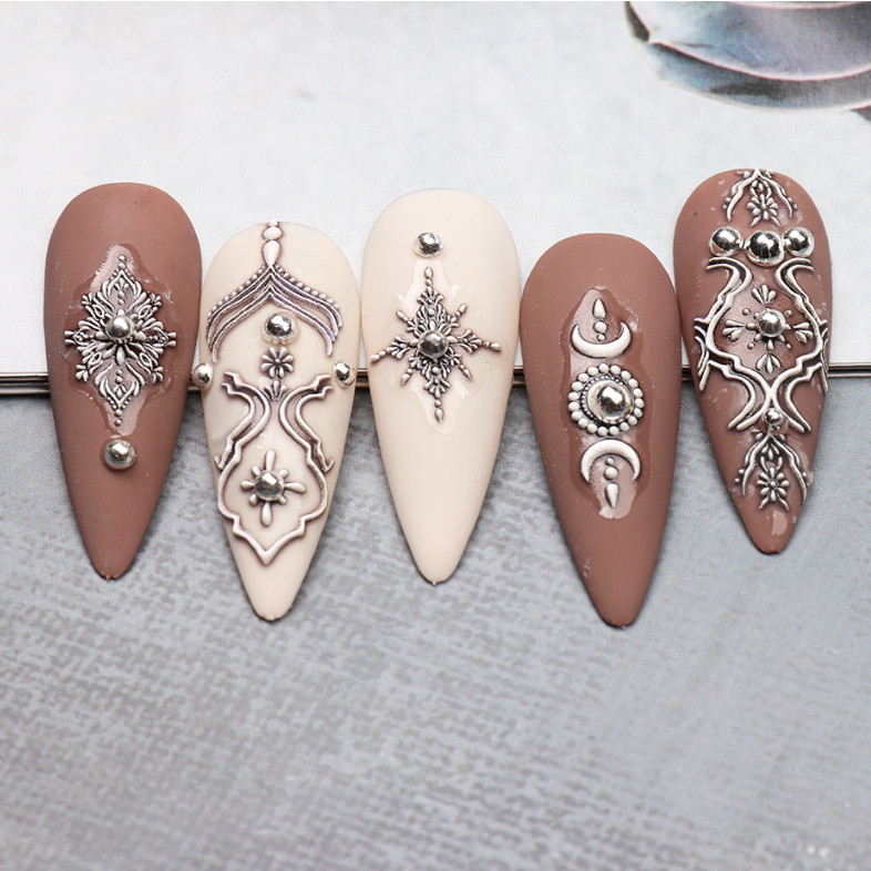 5D Embossed Retro Lace Totem Pendant Jewelry Flower Moon Nail Art Stickers NS53