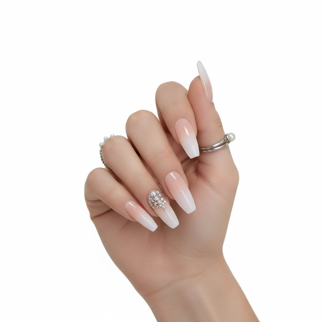 Nude Pink White Ombre French 3D Crystal Ballerina Extra Long Press On Nails Set