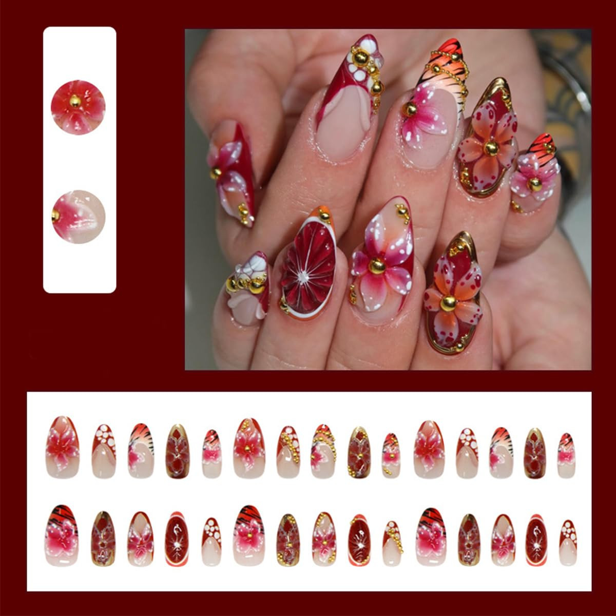 30Pcs 3D Flower Press on Nails Medium Almond Fake Nails Red French Tip False Nai