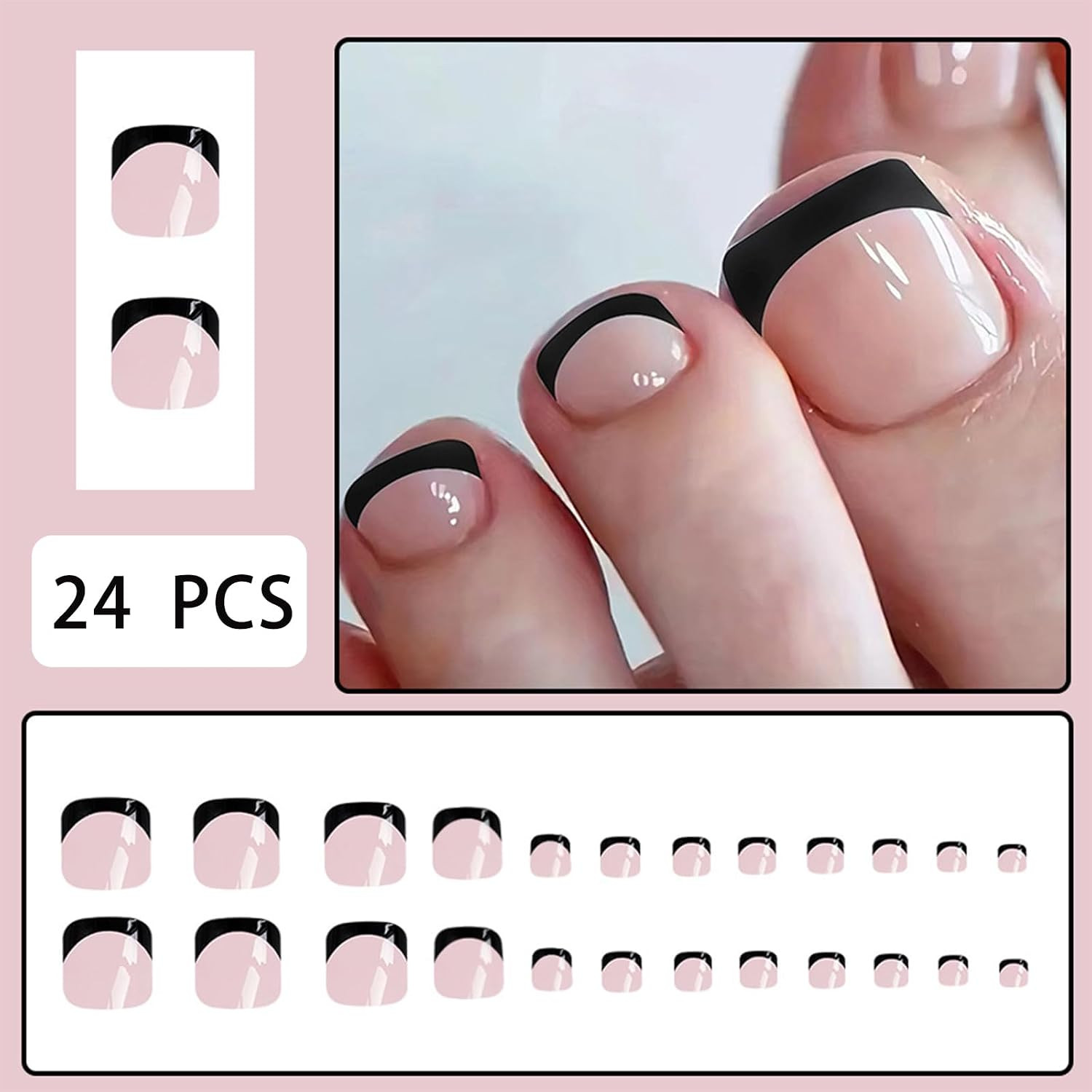 Black French Tip Press on Toenails Short Square Fake Toenails Black Edge Full Co