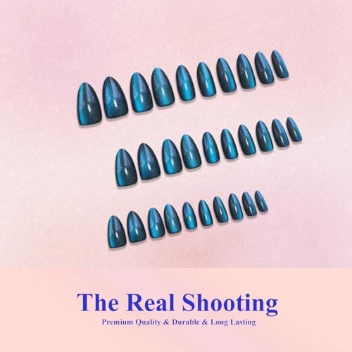 Cat Eye Press On Nails – Almond – Dark Ocean Blue – Black Blue