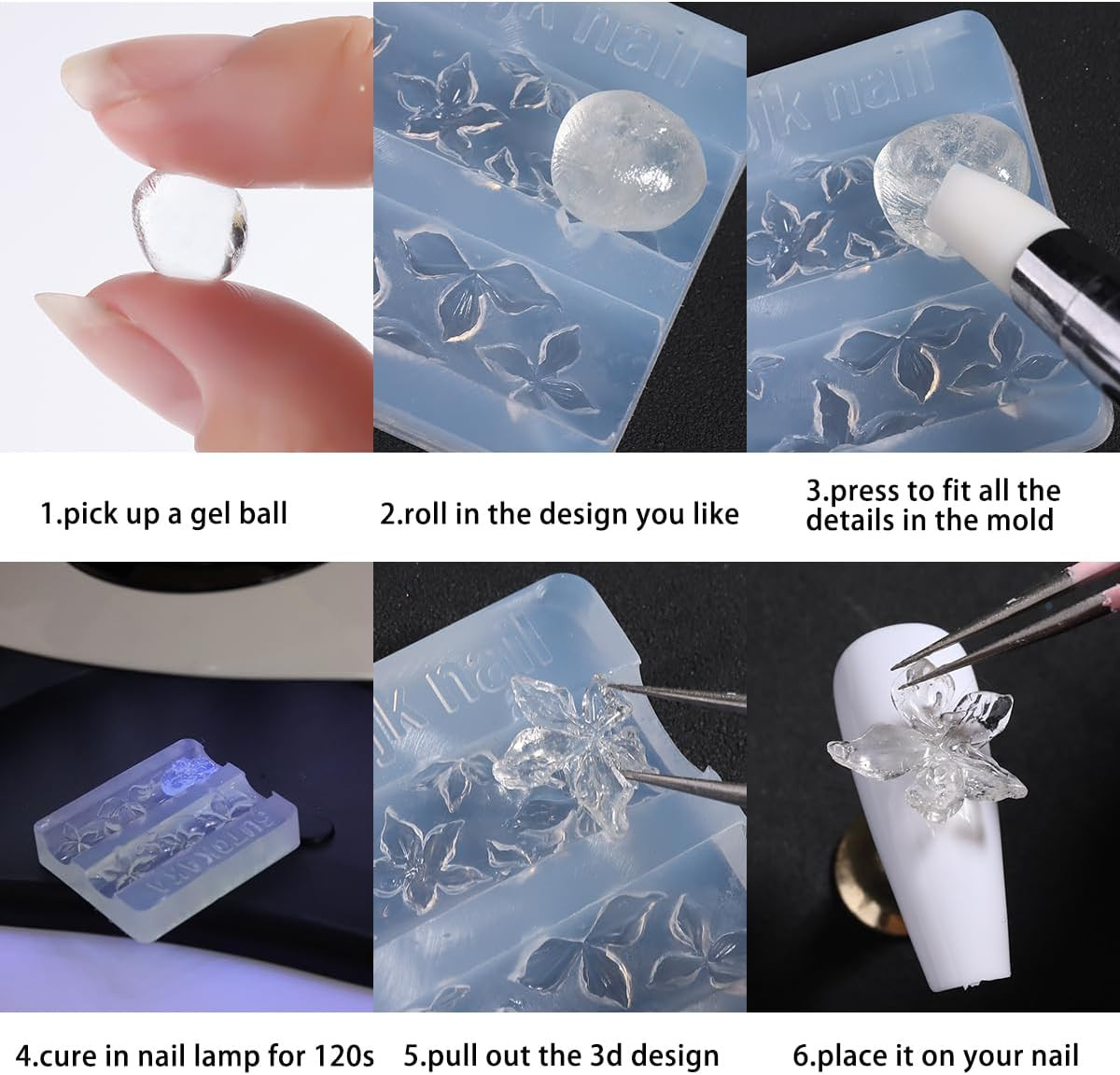 Fcozpjk Silicone Nail Art Molds, 2PCS 3D Flowers Nail Charm Molds with Carving P