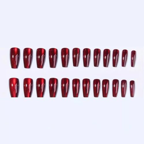 Red Press on Nails Square Medium Fake Nails Wine Red Cat Eye Short Style 9