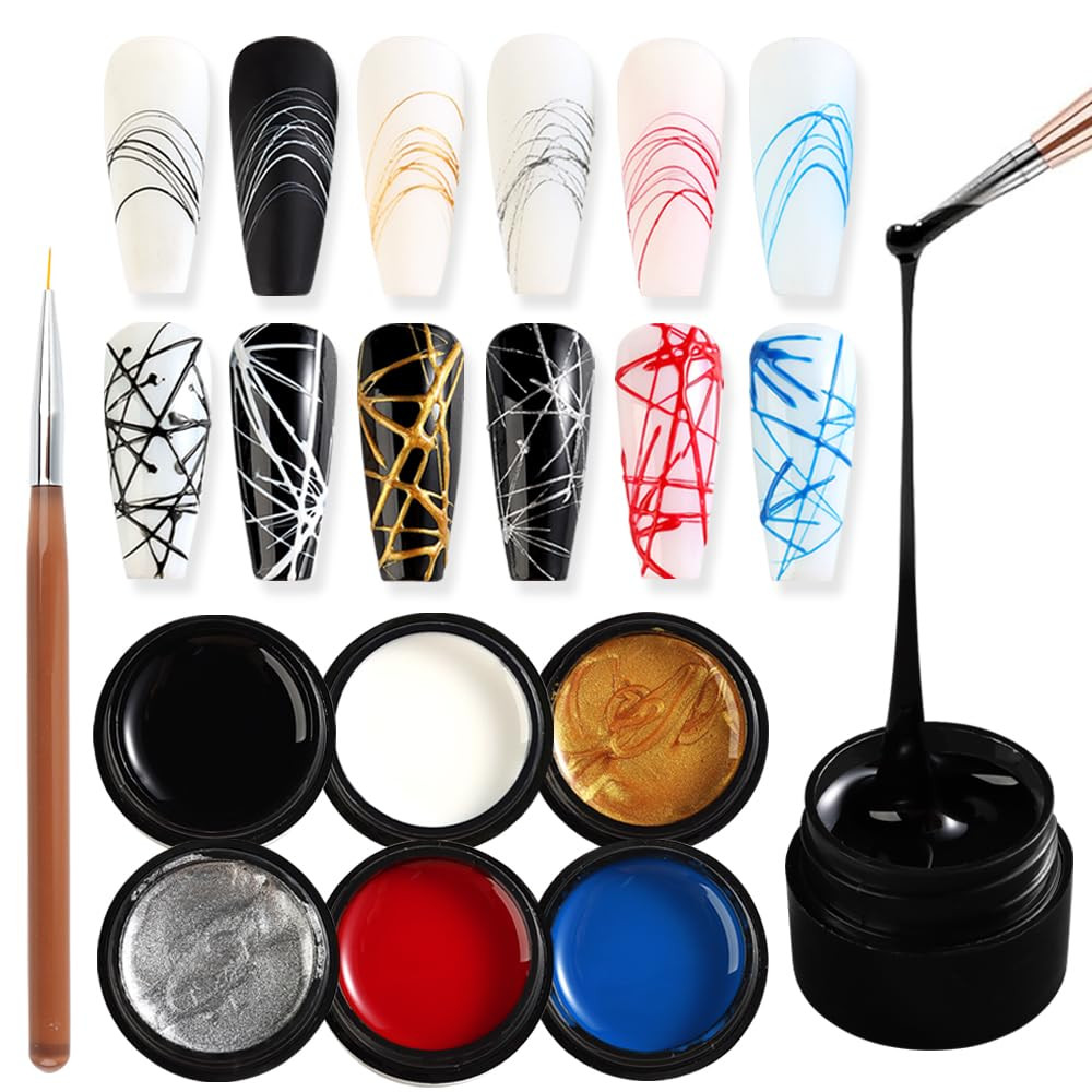 6 Colors Spider Gel Set, Elastic Drawing Spider Gel with Nail Art Brush, White B
