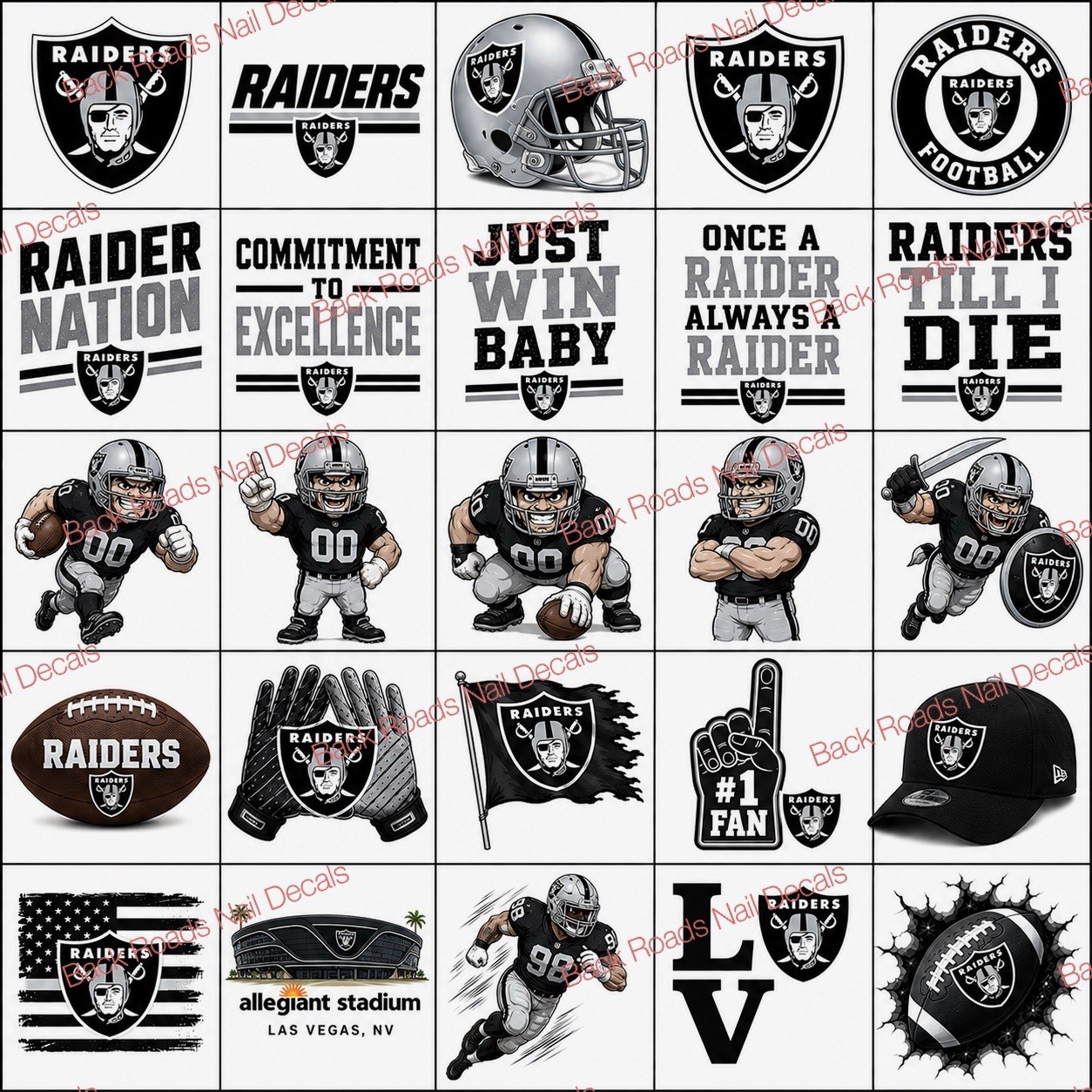 Raiders Football Nail Decals Clear Waterslide Transfer Set of 50