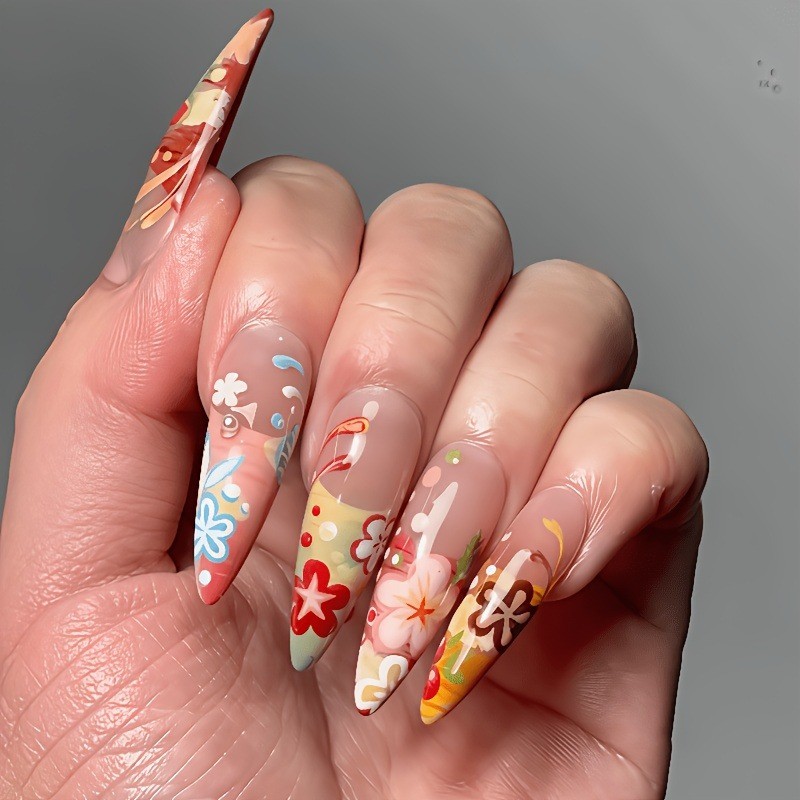 48pcs Press on Nails Vibrant Texture Petal Press On Nails, Ultra Long Wearable