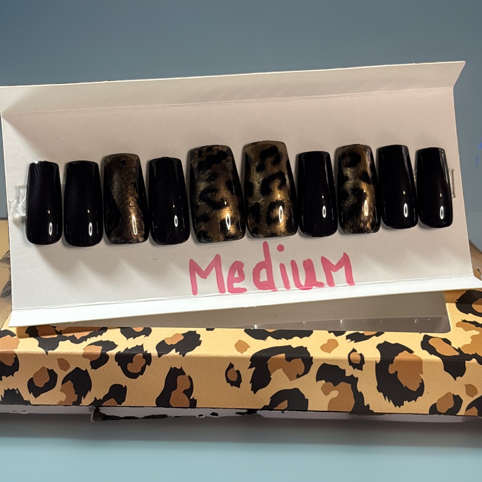Press-On Nails Medium Square Black&Brown Animal Print Sz Medium