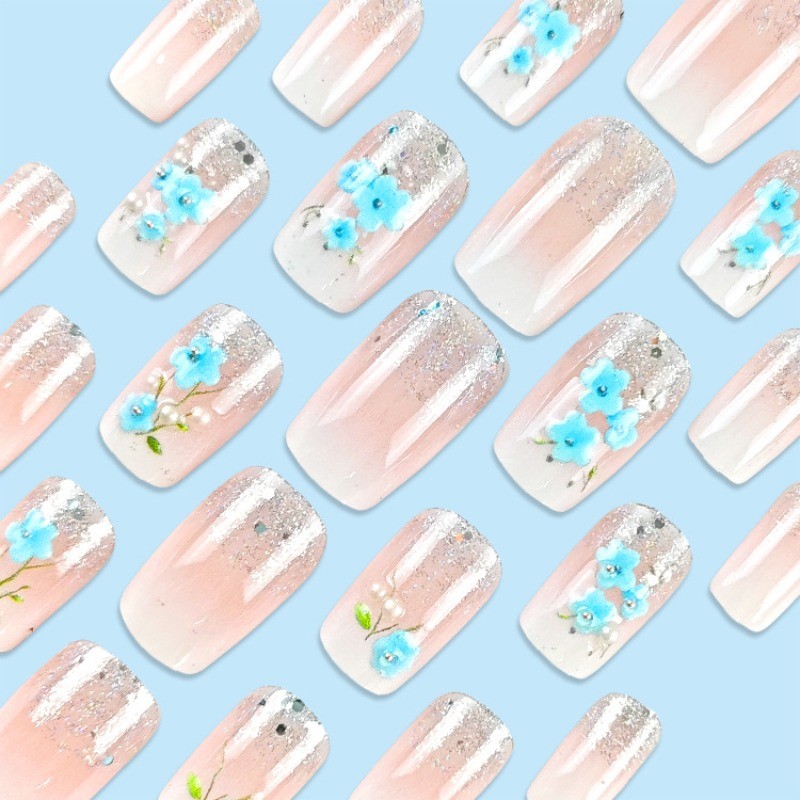 48pcs-White Nude Ombre Nails, Press on With 3D Blue Flowers and Pearl Accents