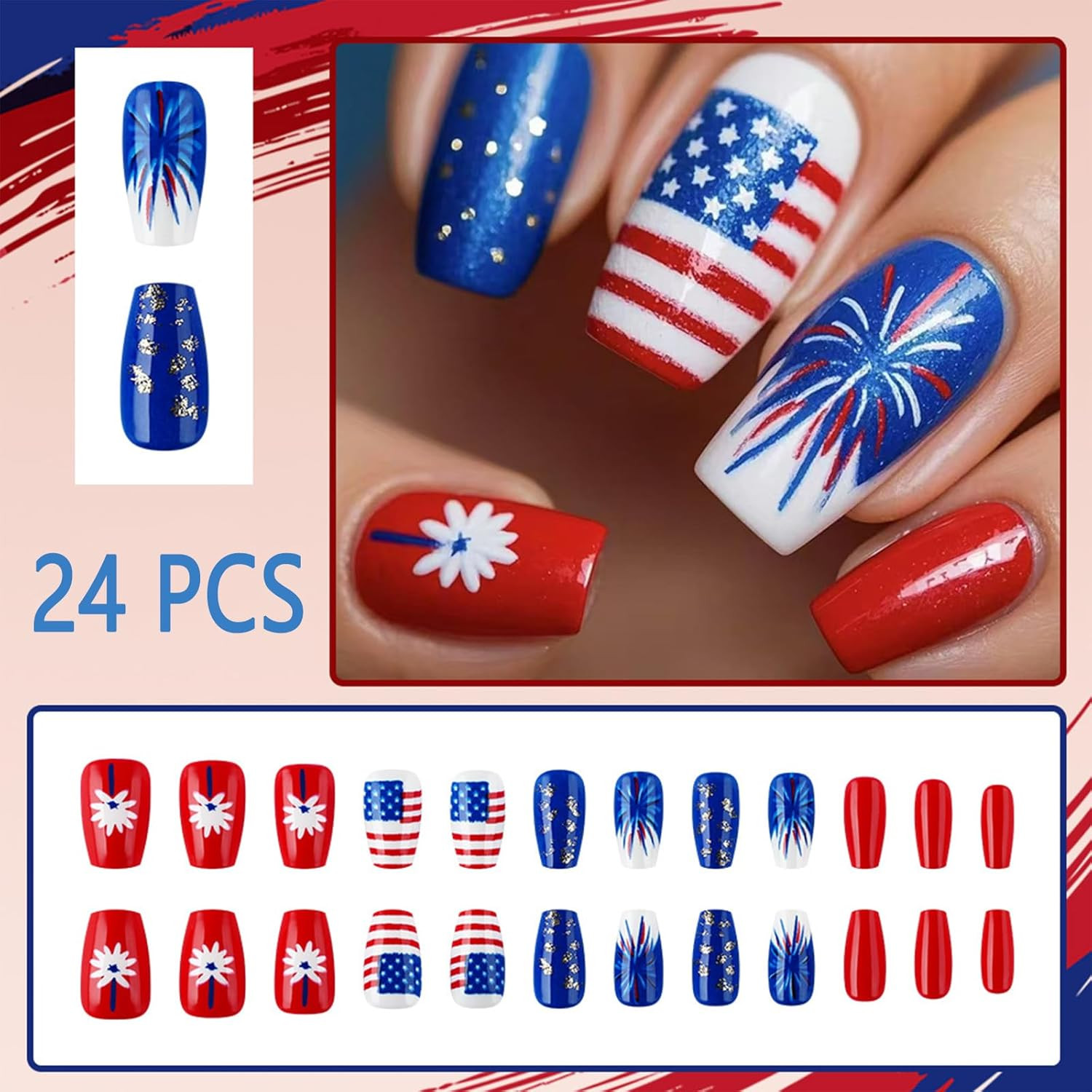 4Th of July Press on Nails Medium Square Fake Nails Flower Fireworks False Nails