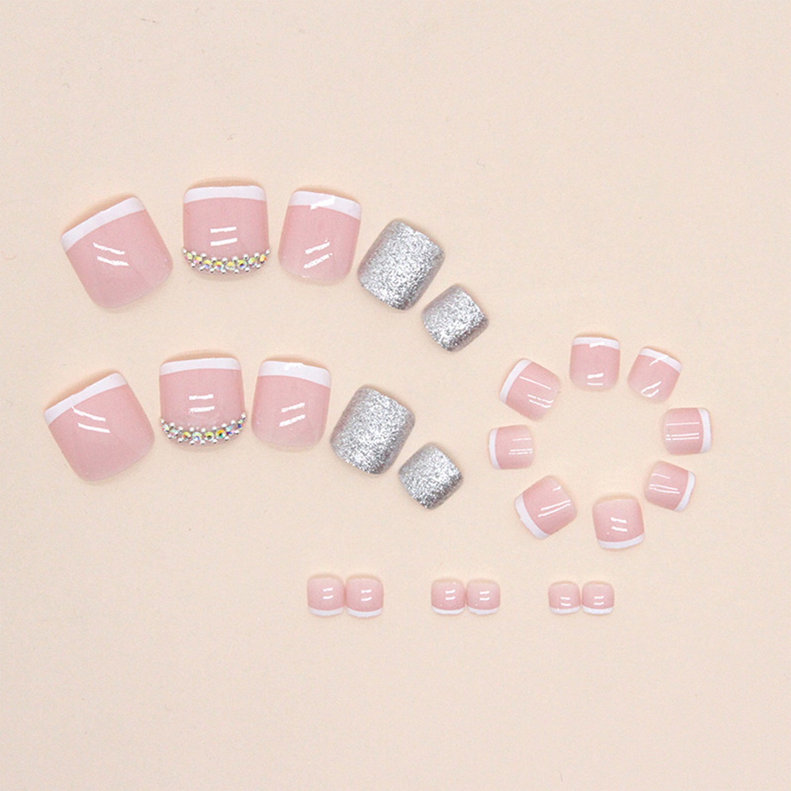 Glitter Press on Toenails Pink Short Fake Toenails Square False Toe Nail with Rh