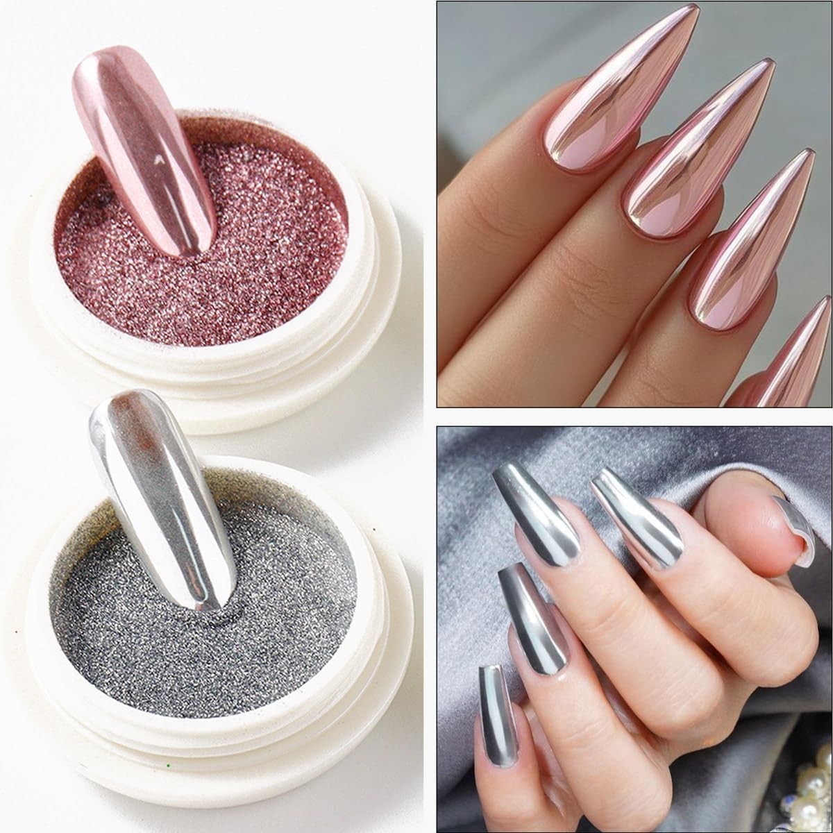 Chrome Nail Powder Set, 6 Colors Metallic Gold Silver Rose Pink White Mirror …