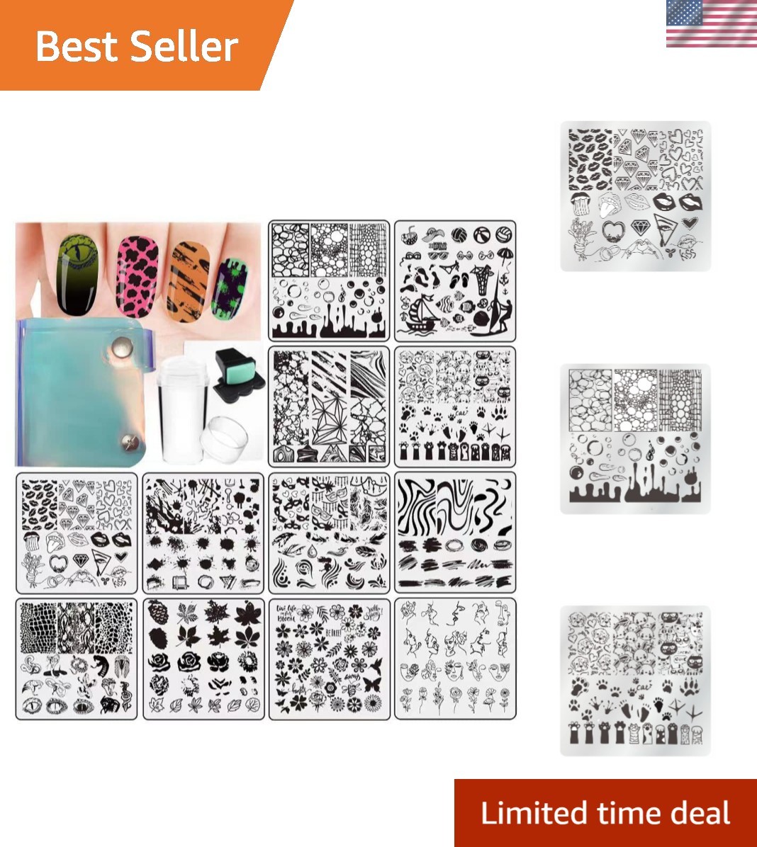 15Pcs Nail Stamping Plates Set with Stamper, Scraper, & Storage Bag for Nail Art