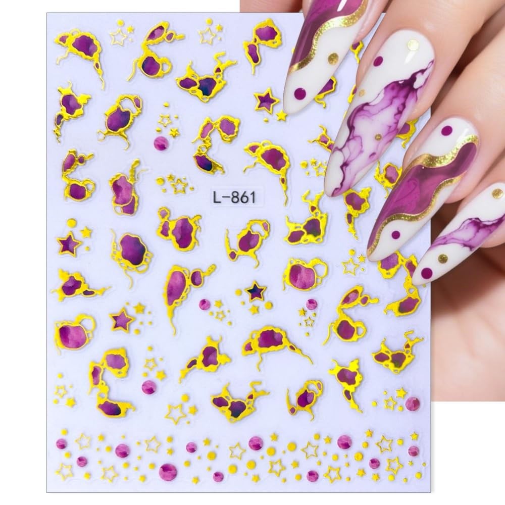 Gold Nail Stickers Colorful Wave Line Nail Decals Marble Nail Designs Ribbon …