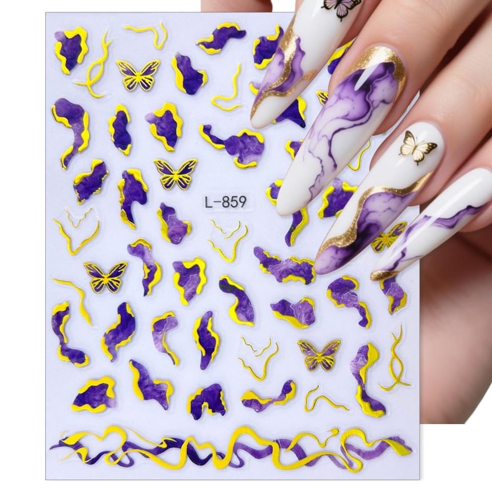 Gold Nail Stickers Colorful Wave Line Nail Decals Marble Nail Designs Ribbon …