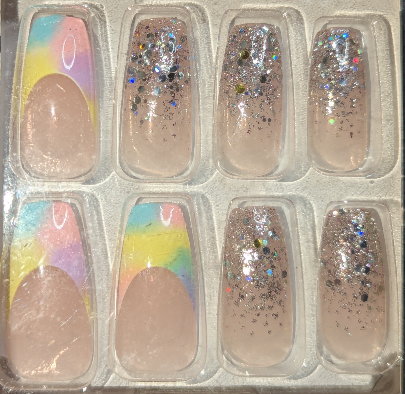 Kiss Fantasy Artificial Nail Long Rainbow Pastel French with Glitter