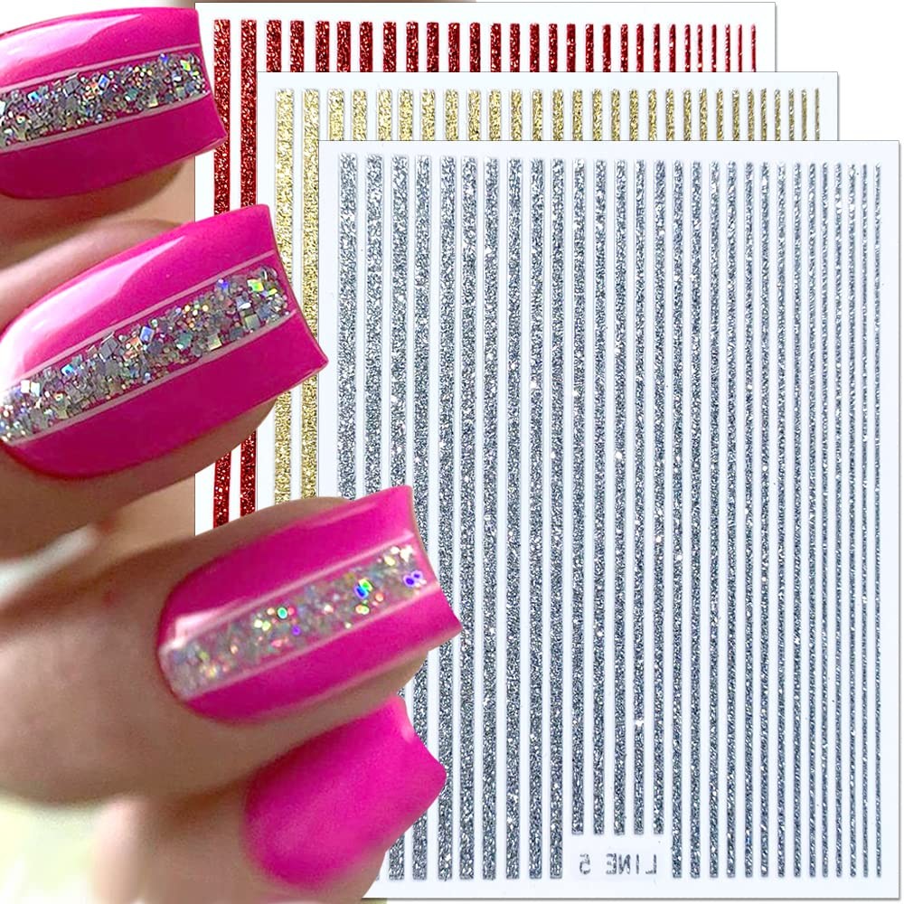 3D Glitter Lines Nail Stickers Holographic Nail Art Stickers Metal Stripe Nai…