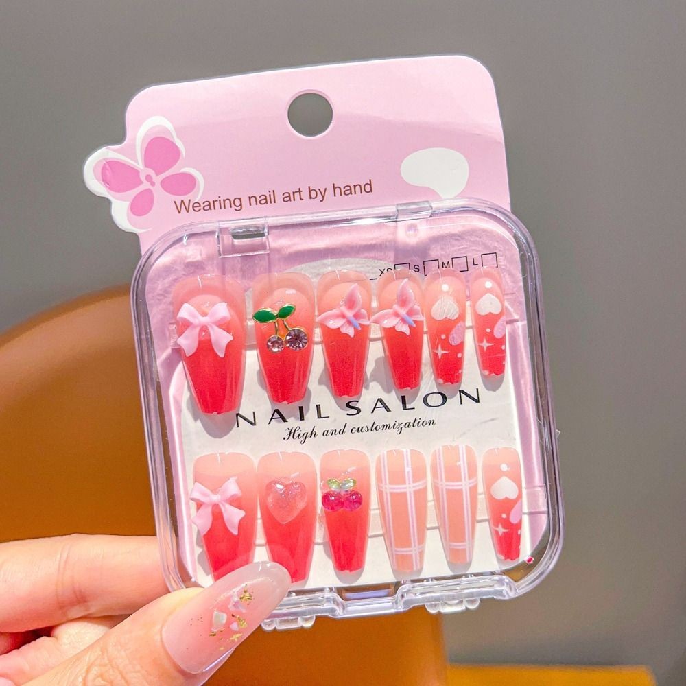 Cartoon Children Wearing Nails Cute Cherry Love Heart Long Nail Sticker Nail Tip