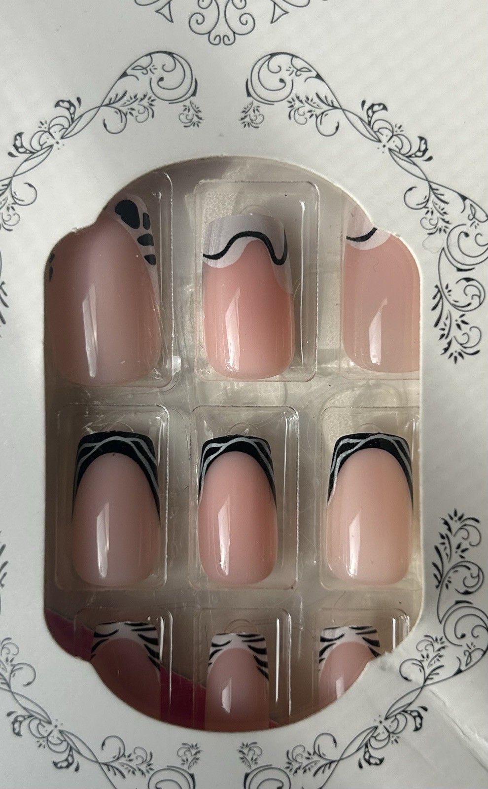 Pink Black White Geometric French Square Medium Press-On Nails Full Cover