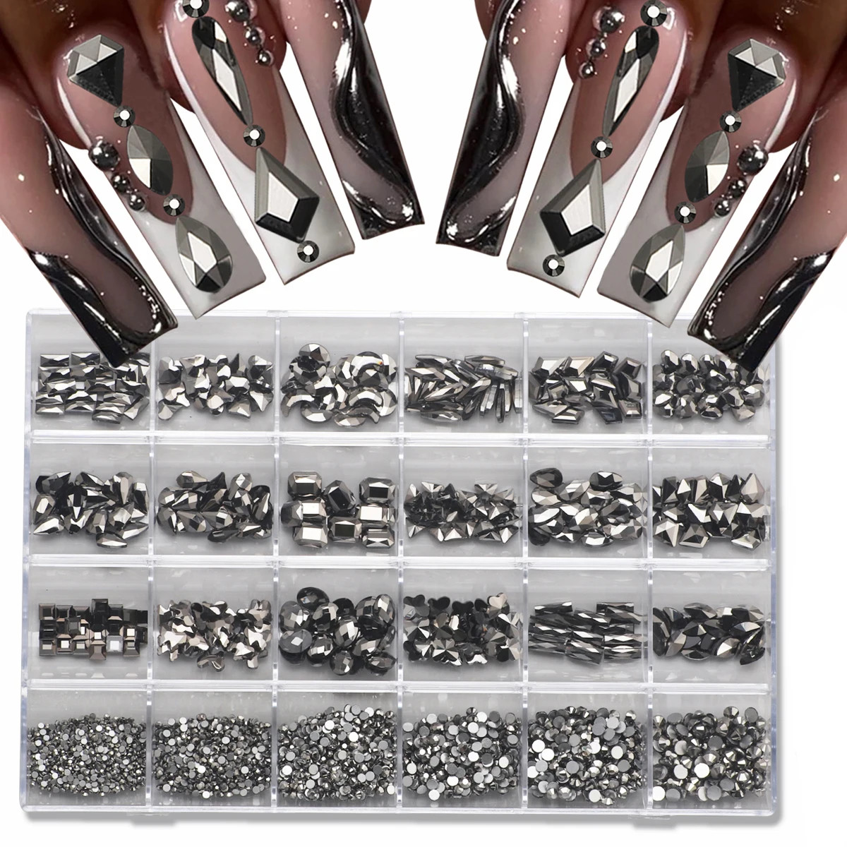 1 box of multi shaped 3D nail diamond kits 24 AB crystal gem grids flat bottom