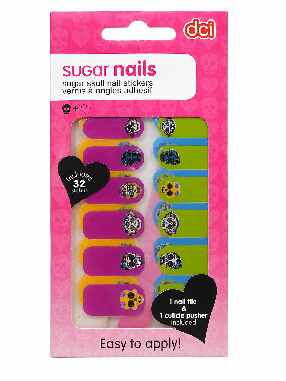 DCI Sugar Skull Nail Stickers 32pc Easy Apply Nail Decals File & Cuticle Pusher