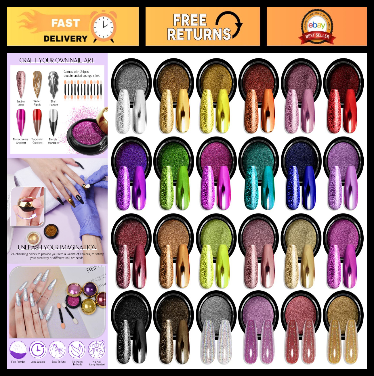 24 Colors Chrome Nail Powder Set – Metallic Mirror Effect Holographic Gel Nail A