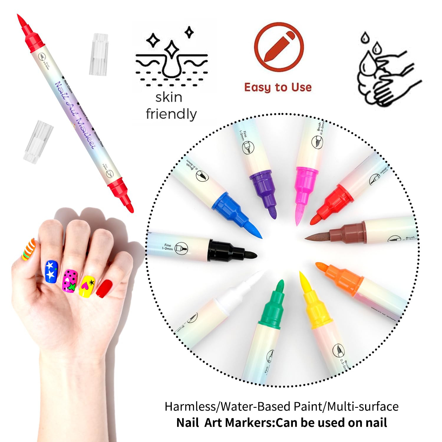 12 Colors Double-Ended Nail Art Markers Set, 3D Nail Polish Pens with Liner Brus
