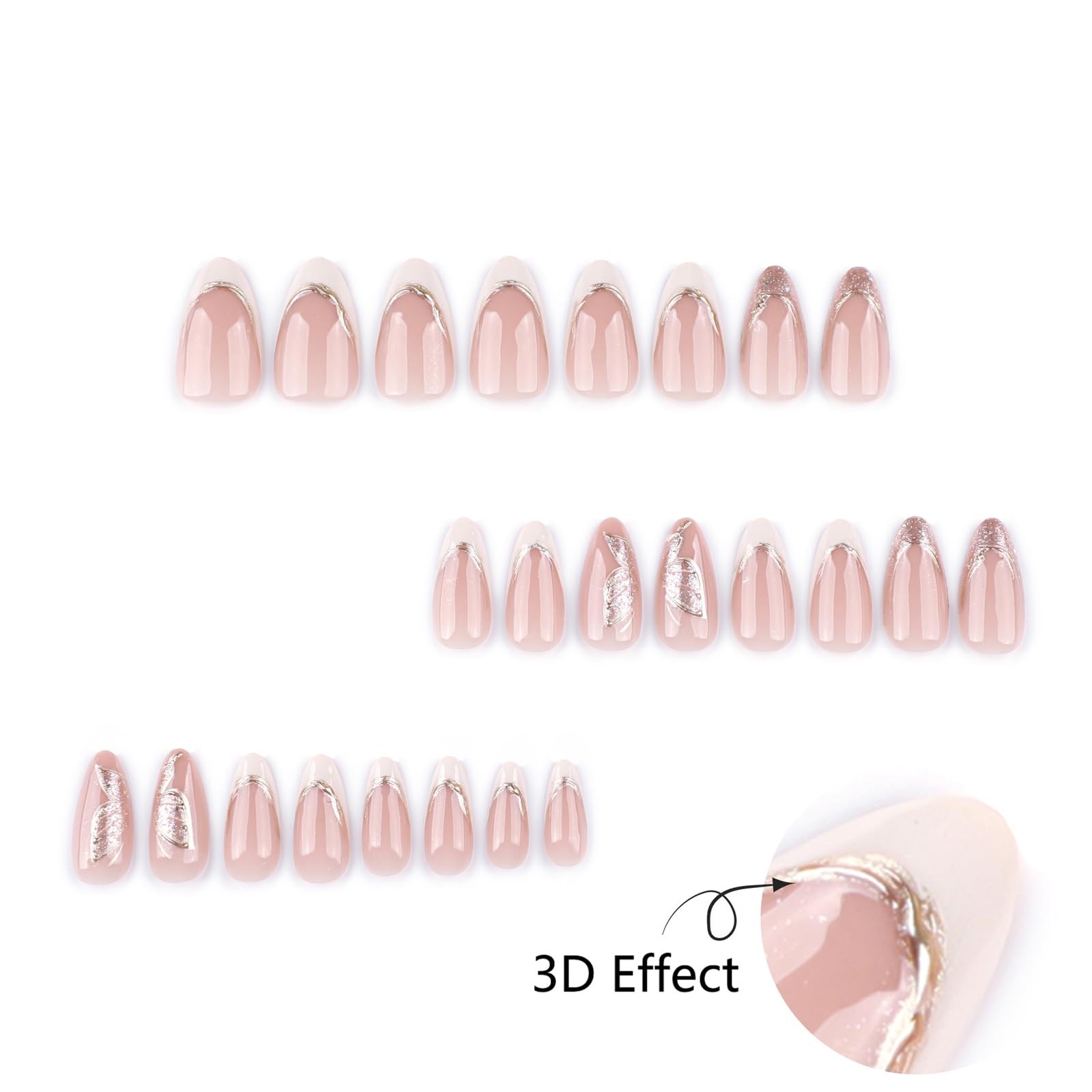 Medium Press On Nails Almond – Nude & White French Tips with Gold Foil and Gl…