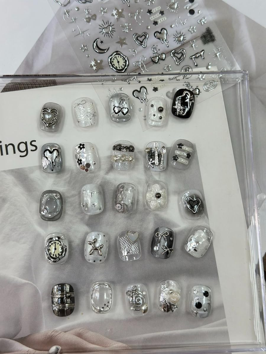 Silver Nail Art Stickers Heart Star Nail Decals with Metal Design 5D Embossed Se