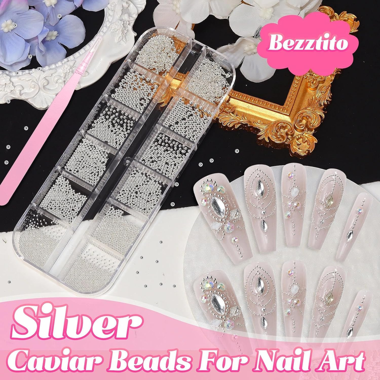 Silver Caviar Nail Beads 0.8-2Mm, Nail Chains & Metal Beads Acrylic Nails