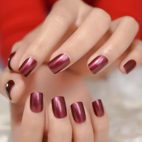 Shiny Pretty Red Glossy Press On Nails Short Squoval False Nails Women Girls …