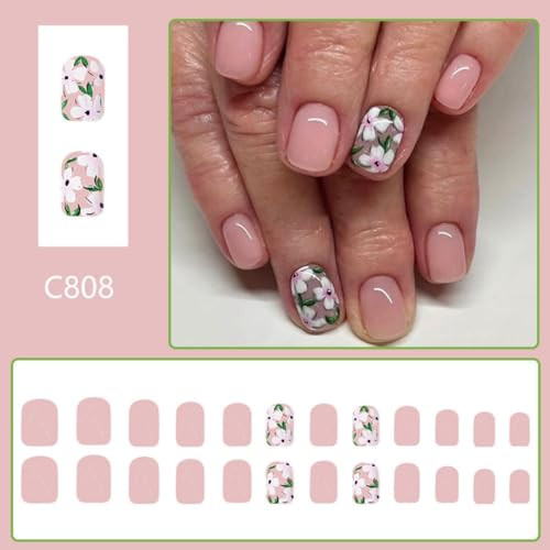 Nude Press on Nails Short Square Fake Nails with White Flower Design Green