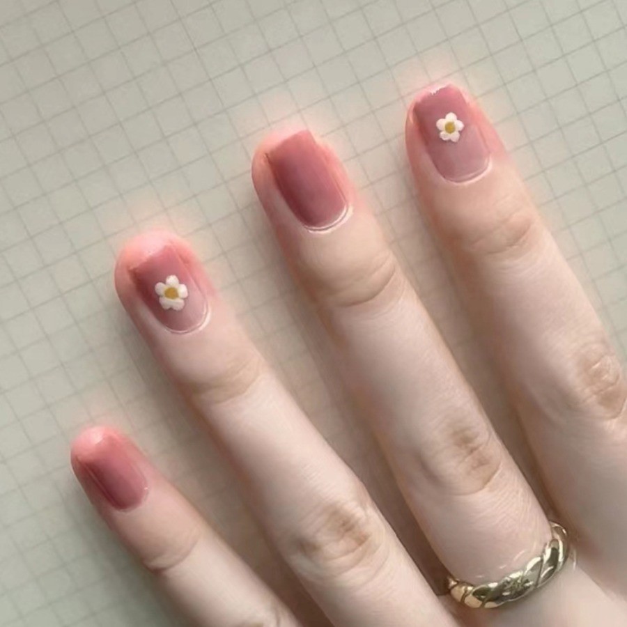 48P Short Square Press on Nails, Dusty Pink Nails with Hand Painted Daisy Flower