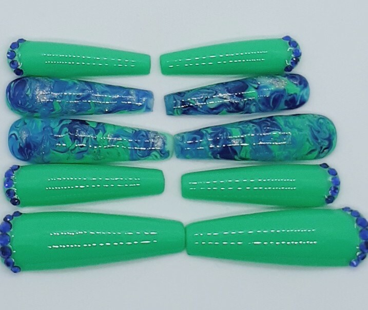 XXL Teal Green Turquoise Blue Rhinestones Marble Ocean Inspired Nails-clearance