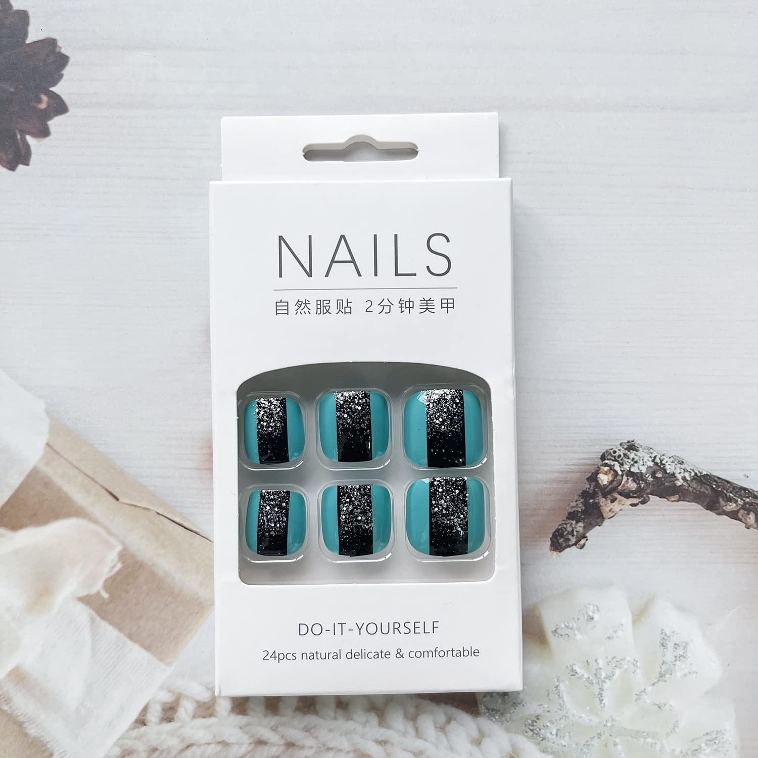 Short Press on Toenails Glossy Acrylic Square Shape Fake Toenails with Silver…
