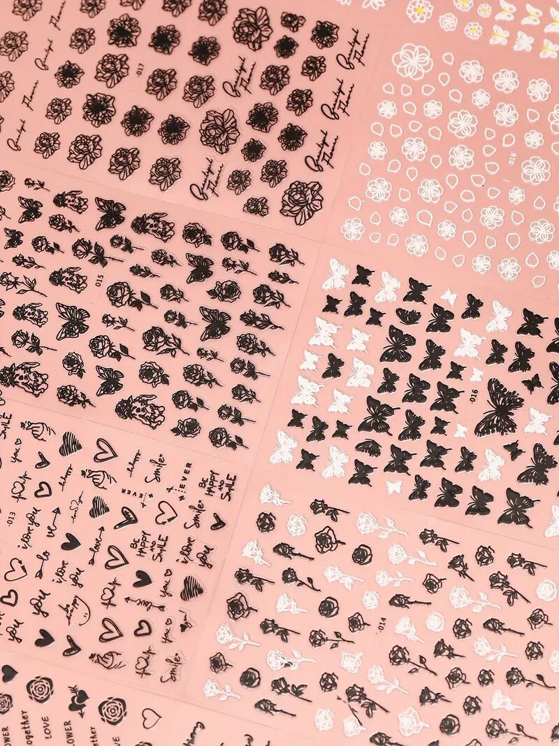 10 Sheets/Set -5D Embossed Black White Bufferfly Bow Rose Nail Art Vinyl