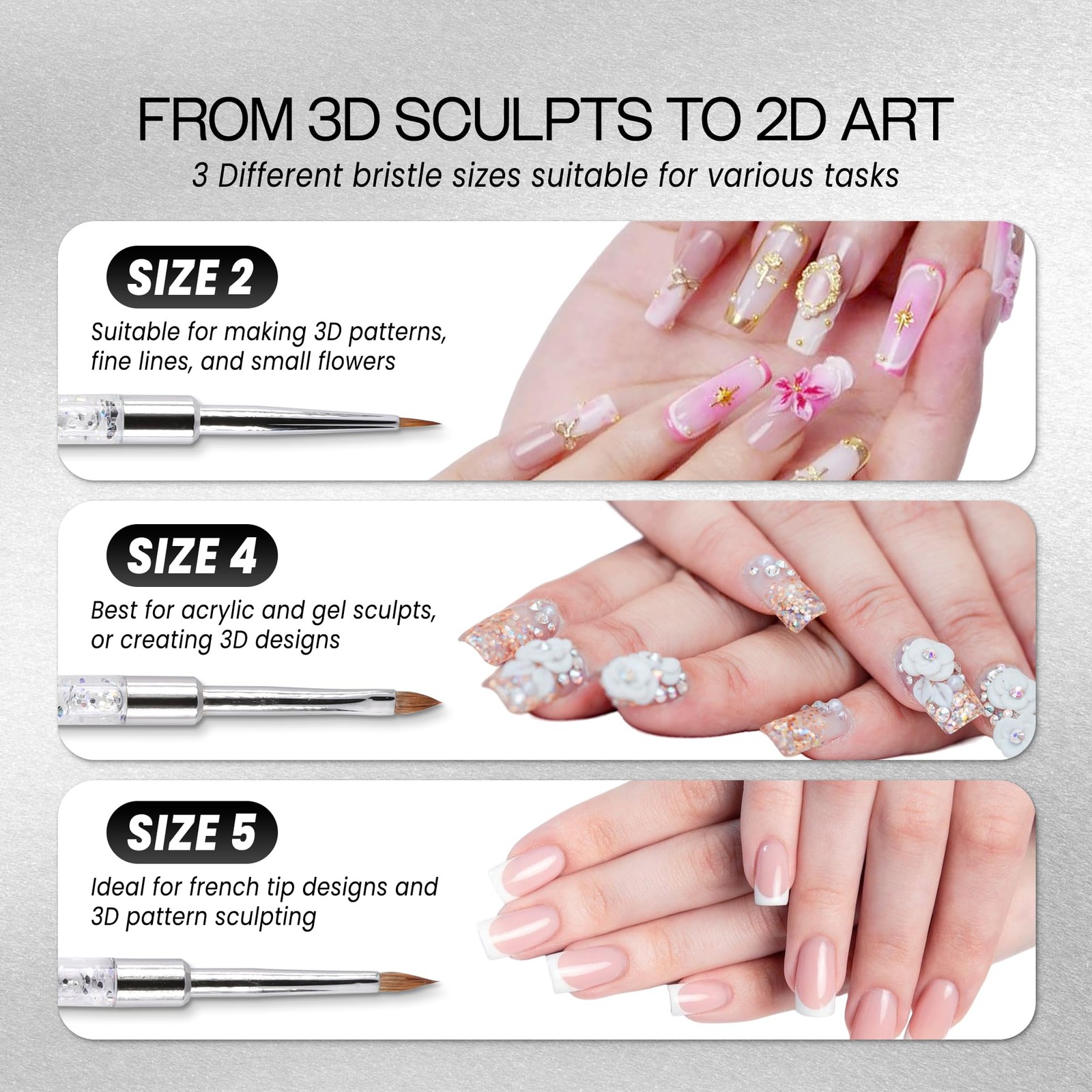 Glitter Silver 3D Nail Art Brush Size 5 Kolinsky Bristles for Detailing