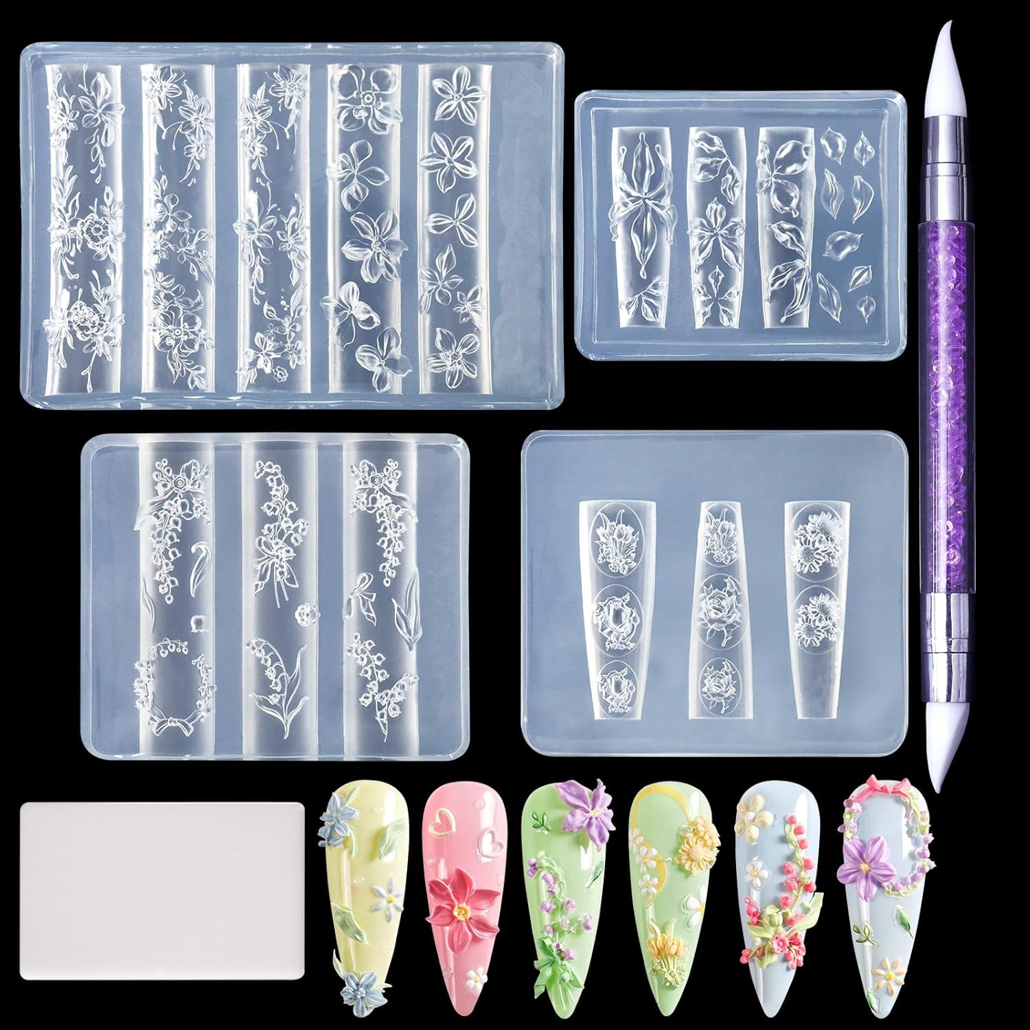 4Pcs Silicone Nail Art Molds, Acrylic 3D Spring Summer Flower Nail Charms Molds